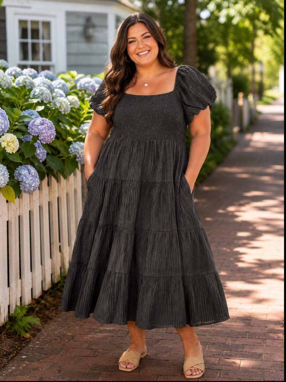 NWT Crystal Sky Women’s Smocked Square Neck Tiered Midi Dress Summer Spring 2X